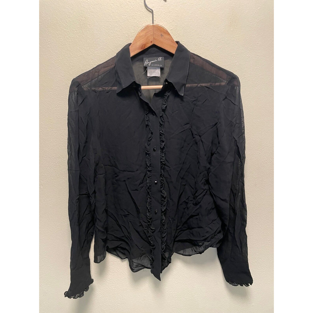 Vintage Benjamin A. Womens Top Size 8 Black Chiffon Sheer Ruffle Button Up 90s